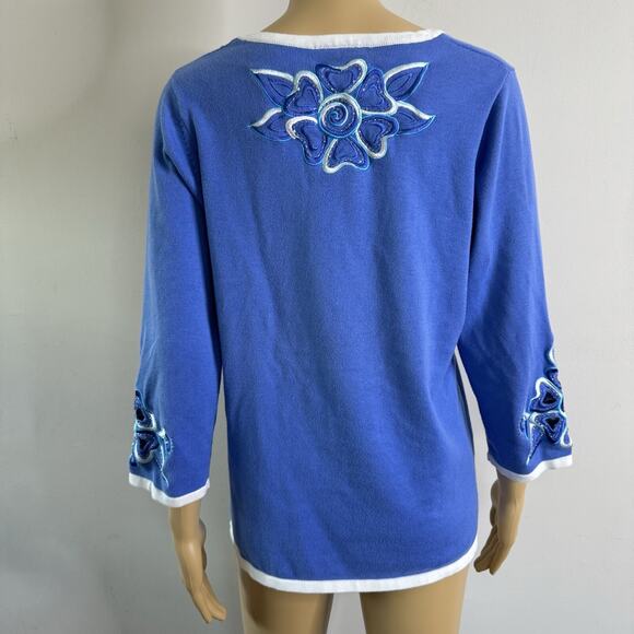BOB MACKIE Wearable Art Blue Embroidered Cardigan Sweater Cutout Floral Granny S - Picture 2 of 16